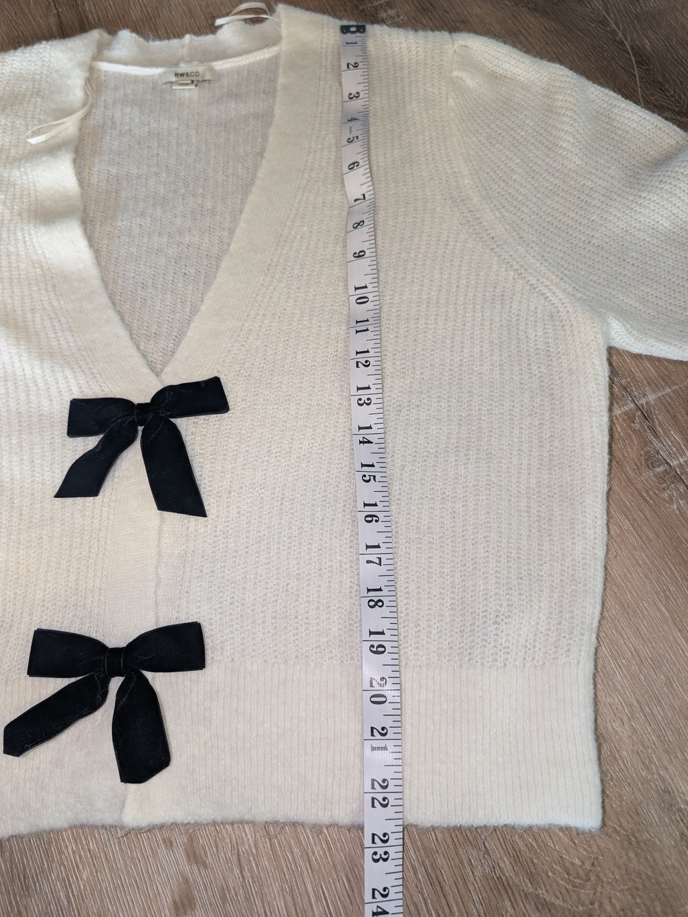 RW&CO  Ivory Knit Cardigan with Black Bow Button Details - Picture 7 of 10